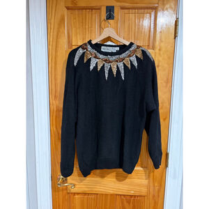 Diana Marco Black Embellished Sequin Holiday Statement Sweater Silk Angora 40